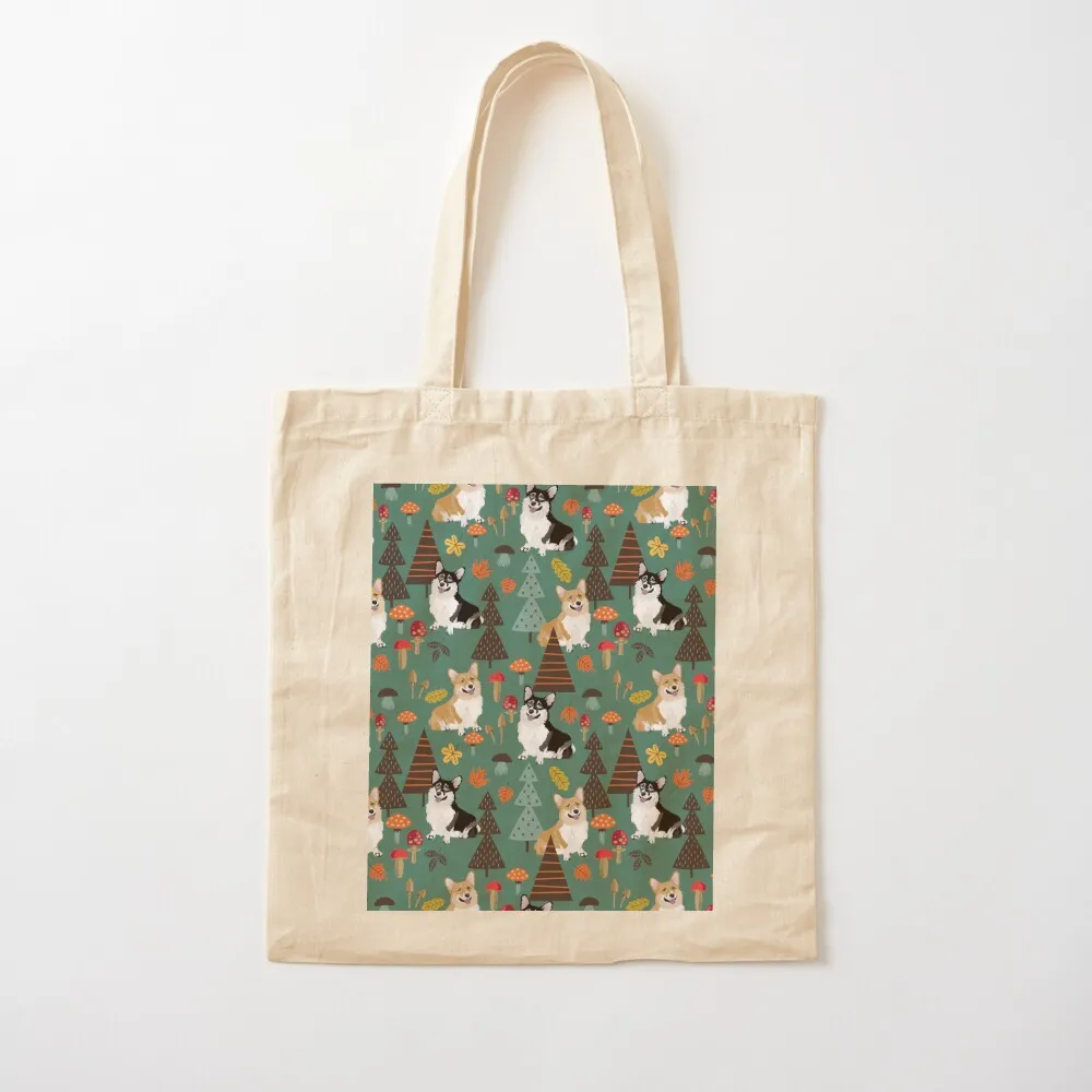 Corgis In Fall Forest - Dark Teal Tote Bag university shopper bag canvas bags Canvas Tote Bag