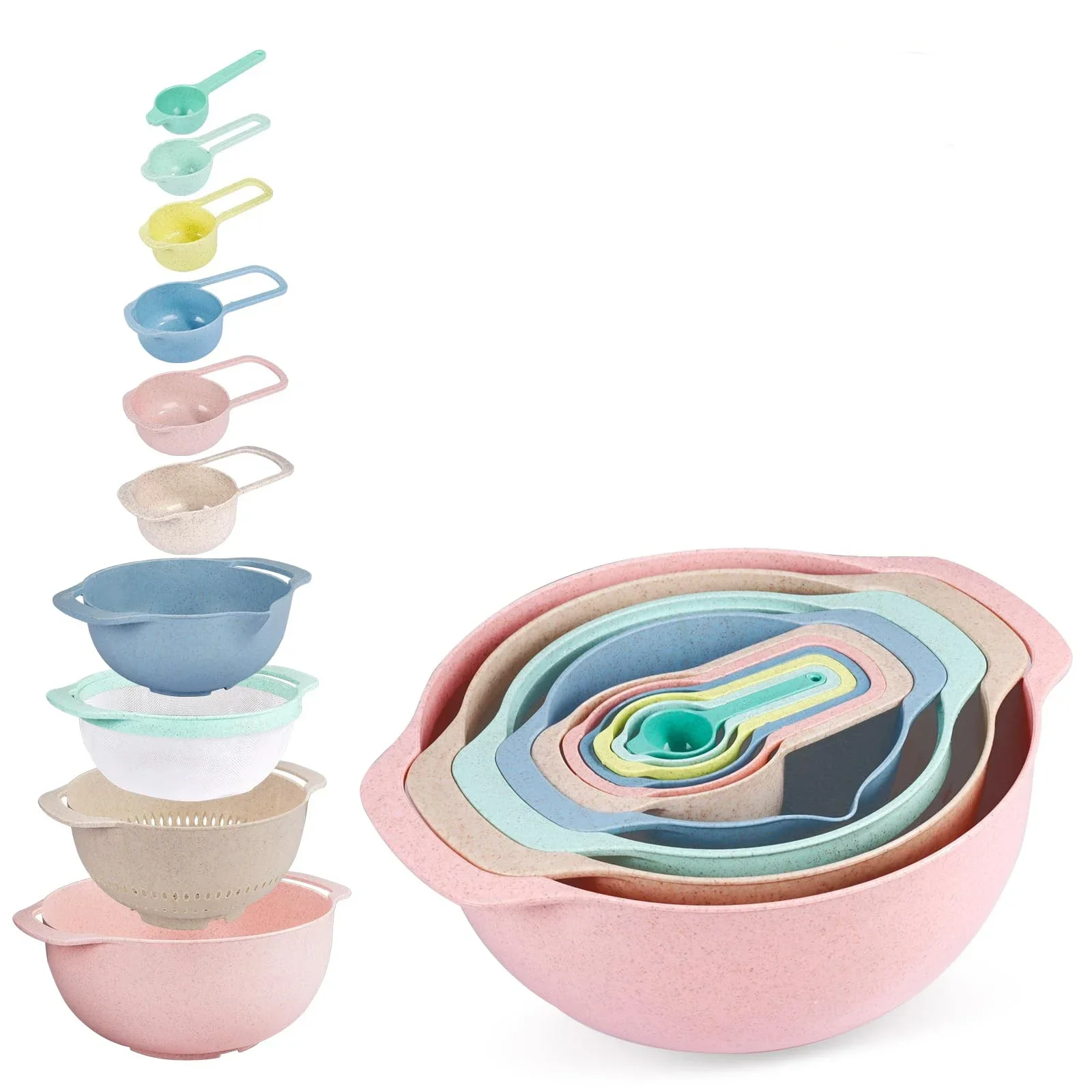 10pcs/set Plastic Mixing Nesting Bowls Set with Measuring Spoon Colorful Serving Bowls Multifunctional Colander Salad Baking Too