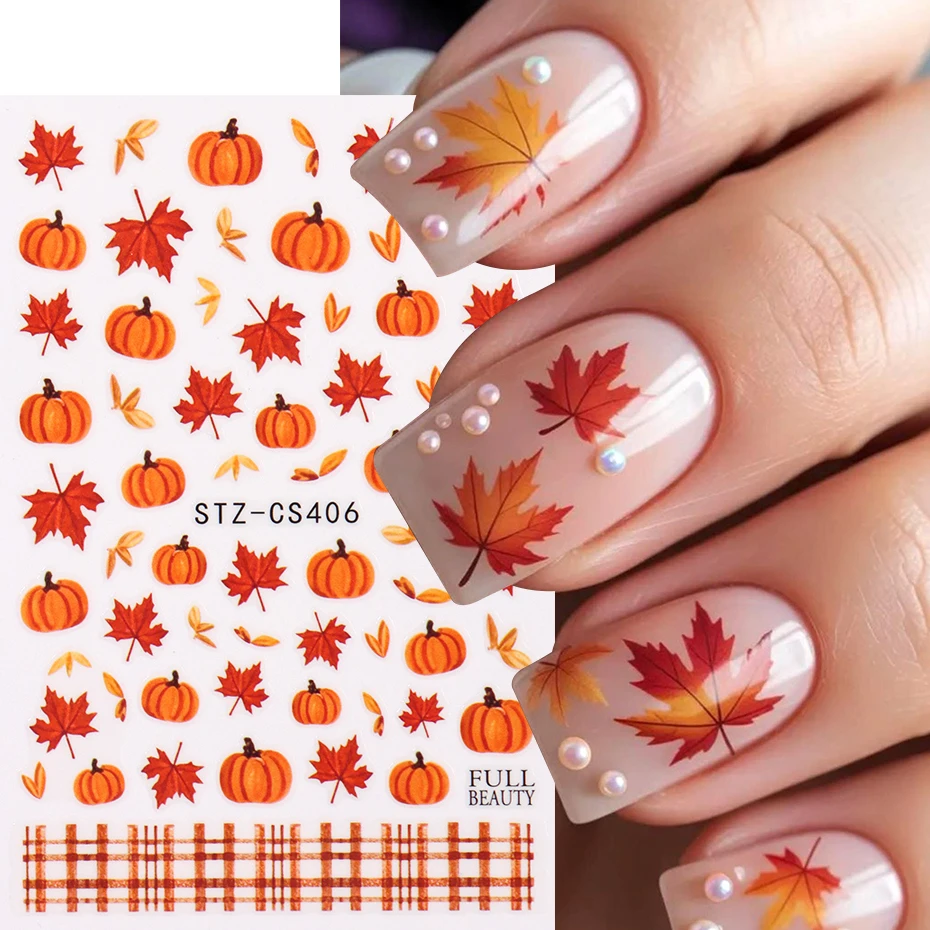 2 Stück Niedliche Kürbis-Nagelaufkleber Herbst-Ahornblatt-Karo-Klebefolien Herbst-Thanksgiving-Nageldesign-Zubehör – Detail 4