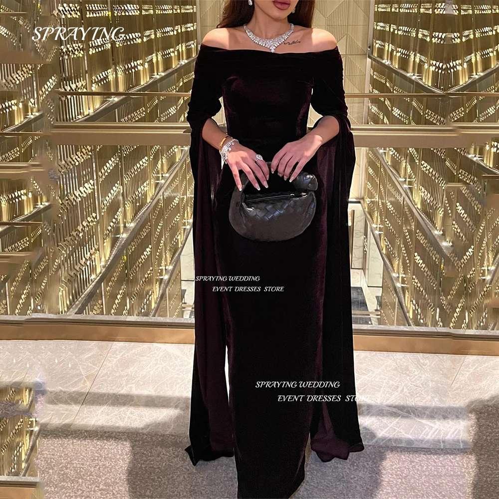 

SPRAYING Elegant Sheath Off Shoulder Evening Dress Long Split Sleeve Velour Prom Gown Sweep For Saudi Arabia Women Dresses