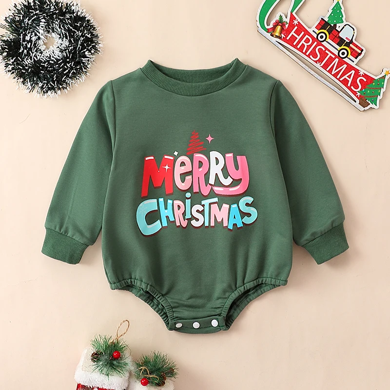 2023 Autumn Winter Baby Boys and Girls Christmas Letter Print Tri-Color Long Sleeve Bodysuit Casual Jumpsuit Clothes 0-24M