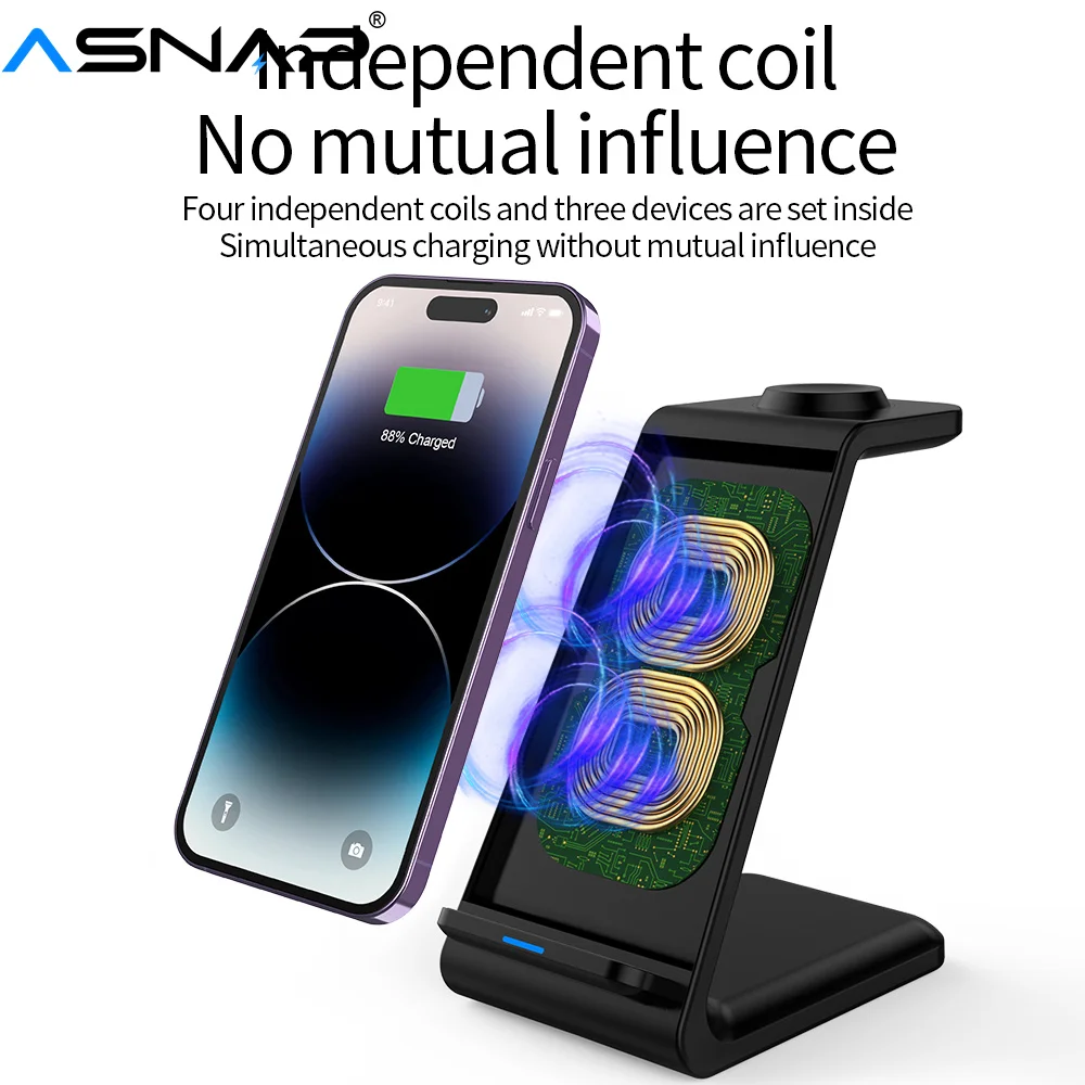 ASNAP 3 In 1 Wireless Charger Fast Charging Stand for iPhone 15 14 13 12 11 Pro Max X 8 XS iWatch 8 7 6 Airpods