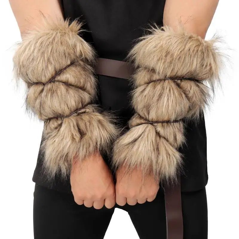 

DAZCOS Men Medieval Cosplay Fur Armor Arm Warmers Lace-Up Viking Pirate Knight Gauntlet Wristband Bracer for Winter Halloween