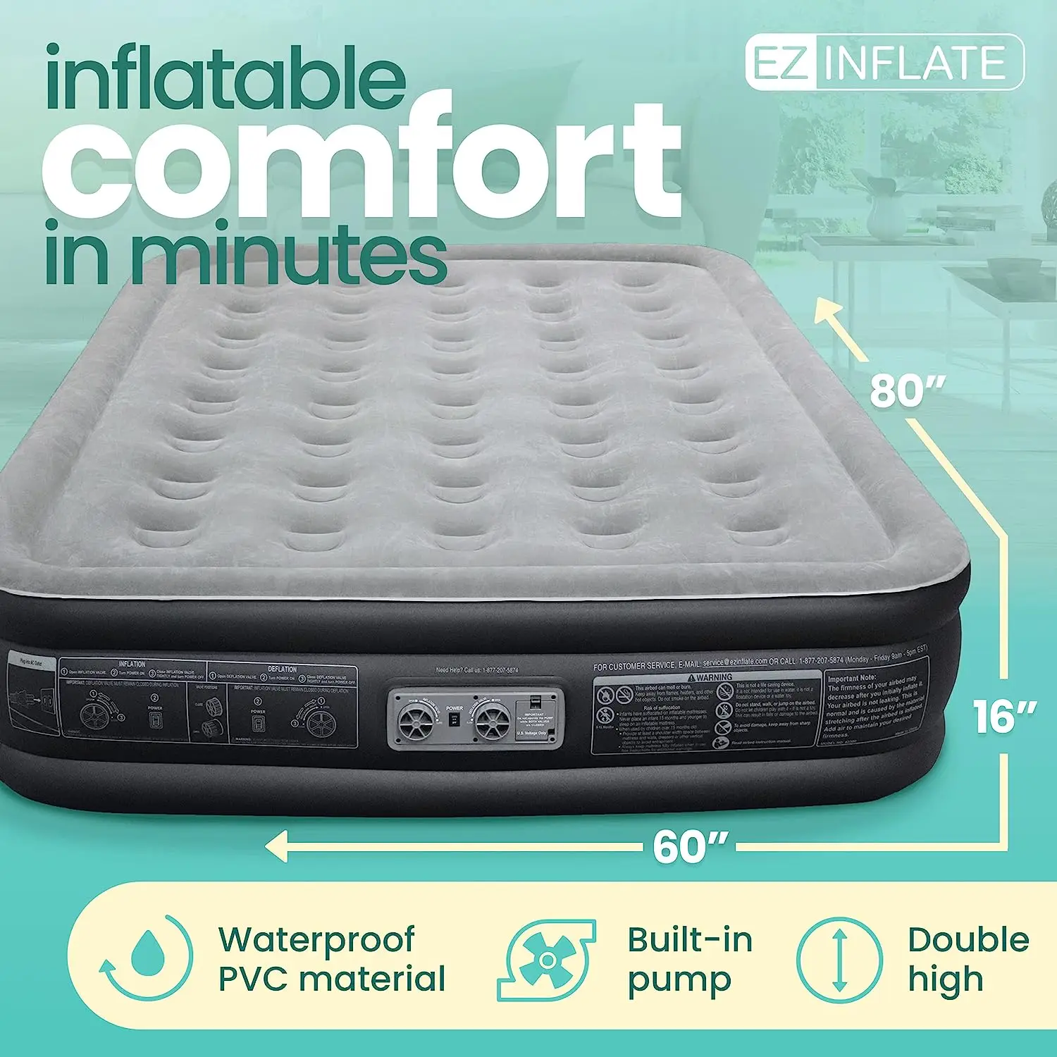 EZ INFLATE Air Mattress - Inflatable Mattress with Built in Pump - All Purpose Air Bed for Home, Camping or Travel  Size