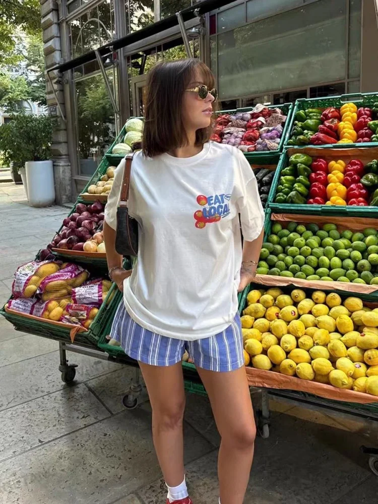JHYF American Retro Vintage Hand-Drawn Graffiti Fun Fruit Print Spicy Girl Short Sleeve T-Shirt Women Oversize Cotton round Neck