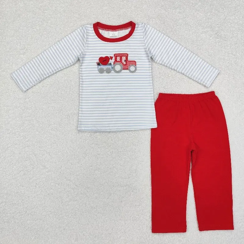 

10.22y Valentine's Day baby boy clothing wholesale embroidered heart tractor striped long-sleeved red trousers suit