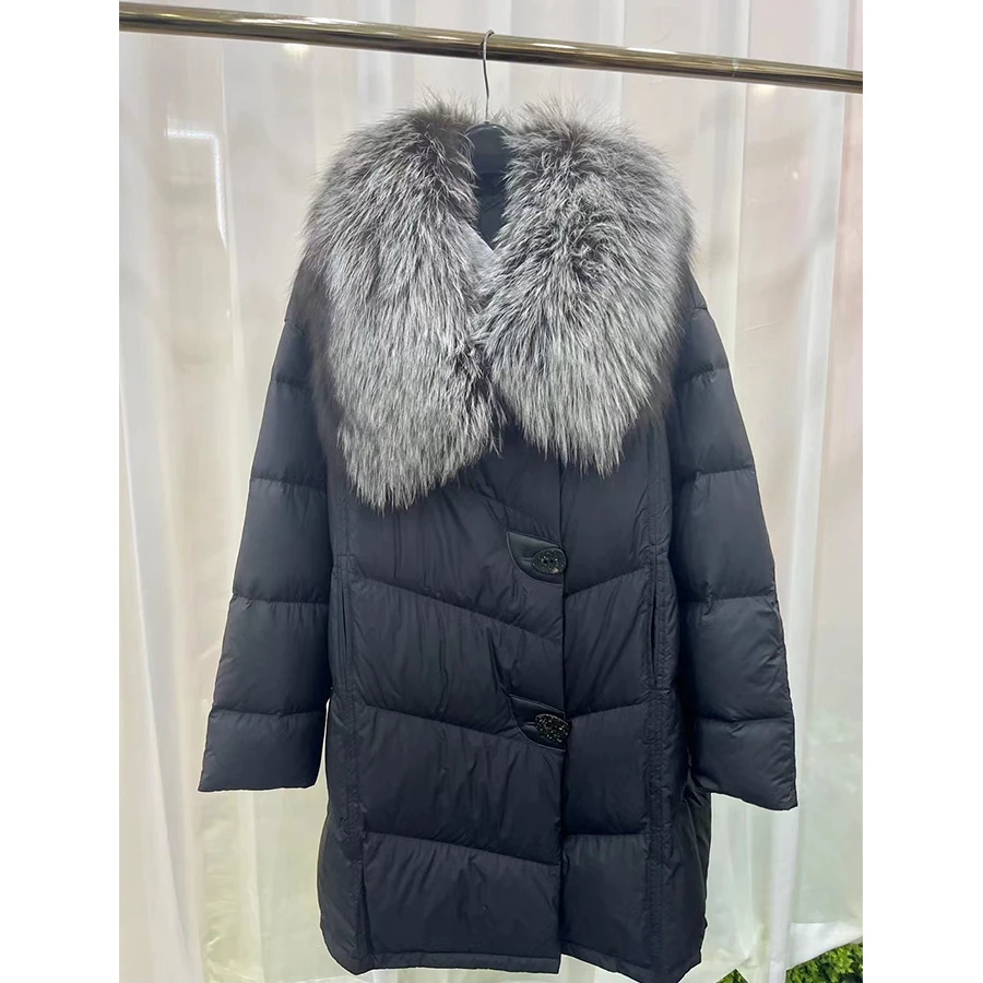 

MENINA BONITA 2023 Real Fur Coat Winter Women Coat Luxury White Goose Down Liner Natural Silver Fox Fur Collar Fashion Overcoat