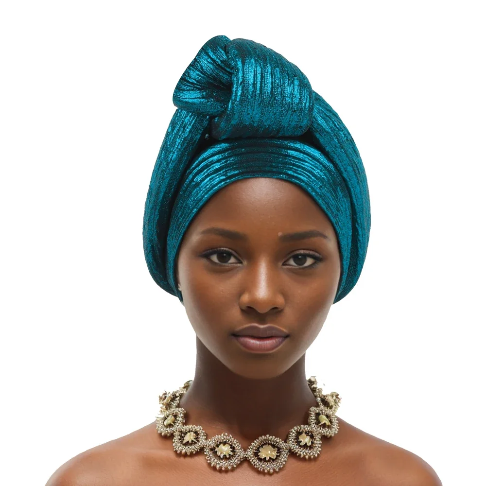 Glitter Fabric African Auto Gele Headtie Nigeria Party Headwear Turbante Mujer Knoted Turban Cap Women's Head Wraps