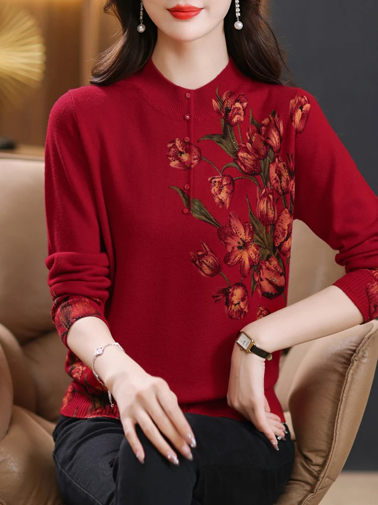 

100% Wool Print Sweater Tops Autumn Korean Fashion Women Clothing Long Sleeve Pullover Knitwears Women's Sweaters