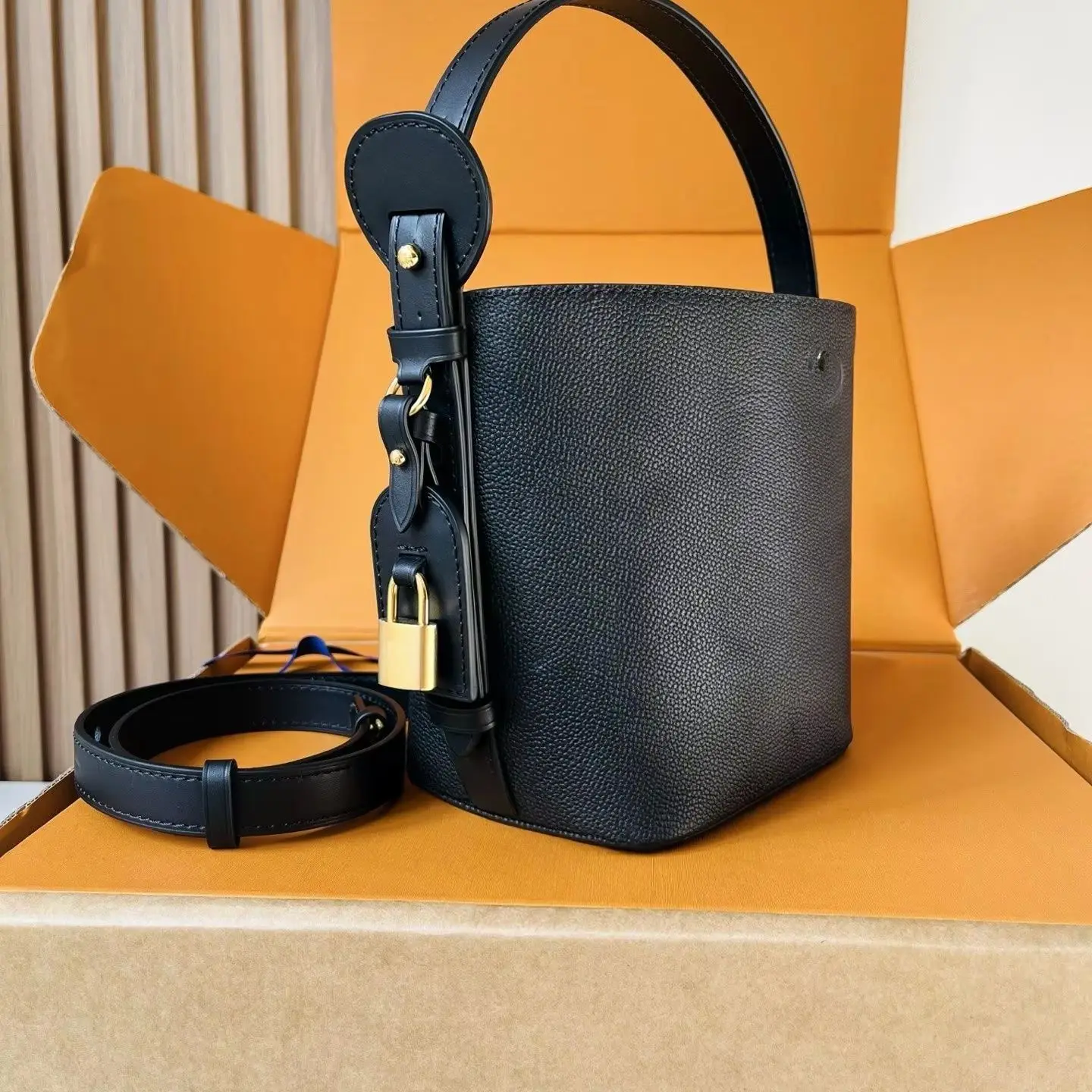 Black Pebbled Leather Vertical Mini Bucket Bag, Dual-Way Soft Top Handle Crossbody Bag with Detachable Adjustable Leather Strap & Lock Pendant, Luxury Designer Inspired Classic Neutral Daily Commute Handbag