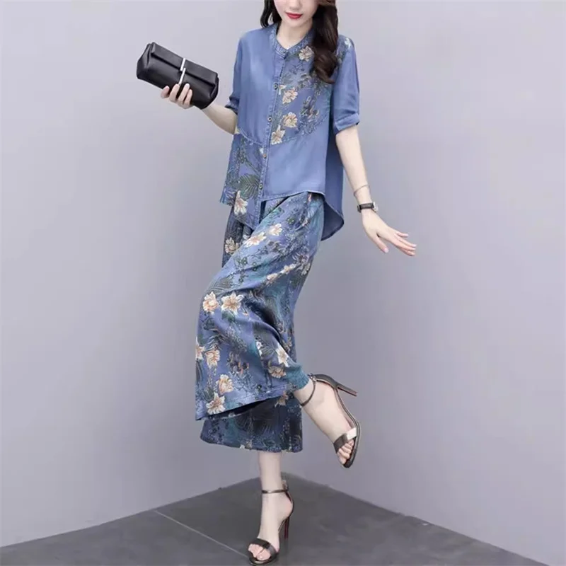 Skirts Womens 2024 Summer New Fashion Women Printed Hooded Shirt Denim Skirt Two Piece Set Female Long Skirt Suit 479