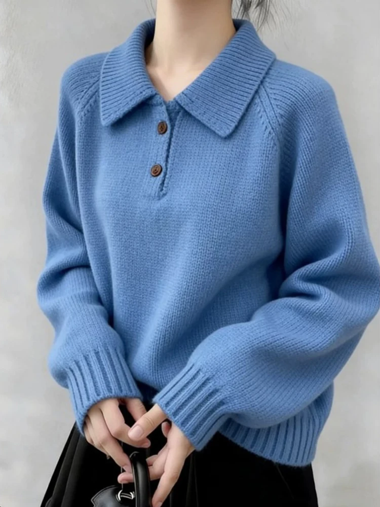 Preppy Style Retro Blue Sweater Women Loose Lazy Wind Long Sleeve American Vintage Knitted Jumper Fall Winter Pullover