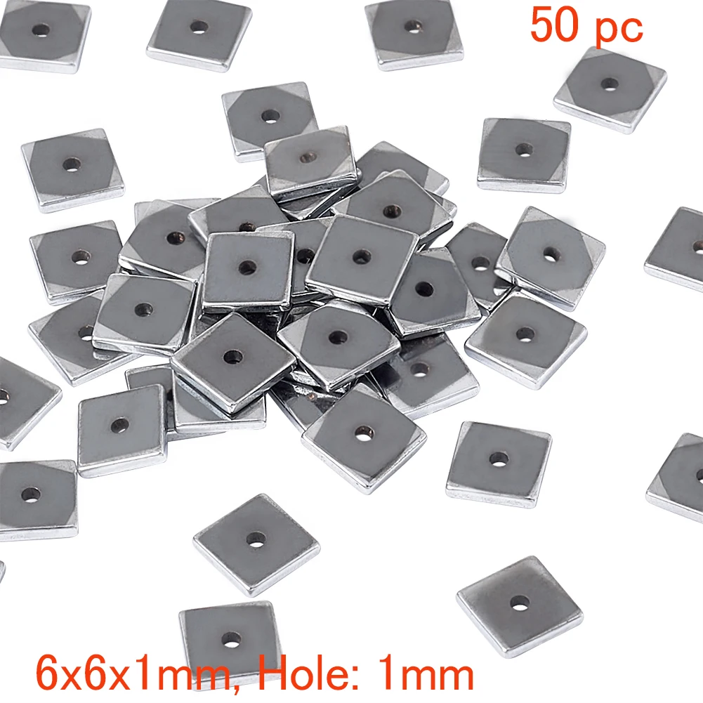 Pandahall 50개/로트 6x6x1mm 정사각형 드릴링 처리된 전기도금 비자성 합성 헤마타이트 비즈 얇은 스페이서 루즈 비즈 구멍: 1mm