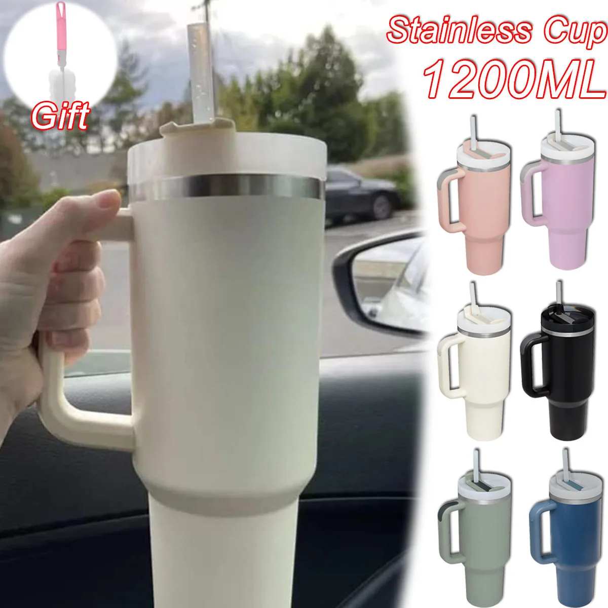 Insulated Tumbler with Handle Straw 1200ml Stainless Steel Vacuum Cup Quencher 2.0 Thermal Mug for Hot and Cold Coffee Drinks