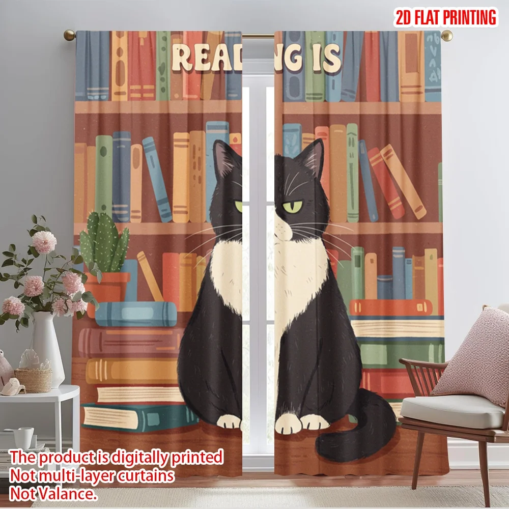 

2pcs 2D flat printing Scene Curtain Reading Books Cat Polyester Without Electricity 0 Perfect for Indoor Celebrations Room
