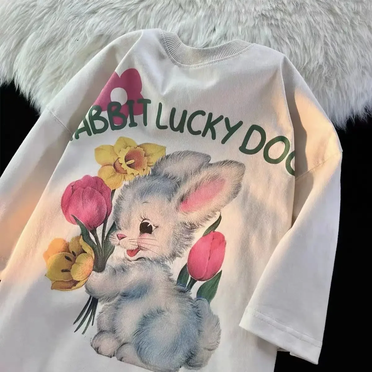American Vintage Pure Cotton Flower Rabbit Short Sleeve T-shirt WomenSummer Loose Versatile Casual Lazy Hong Kong Style Chic Top