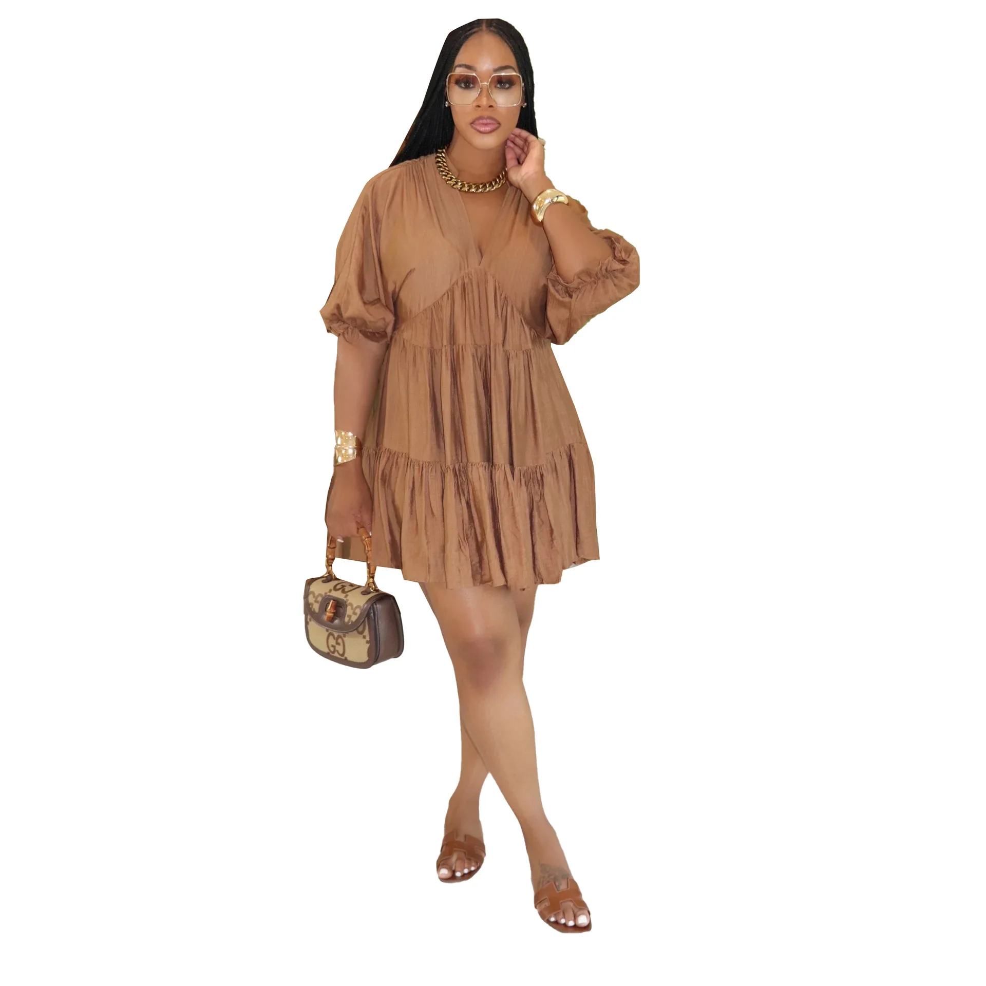 

Африканские платья Dashiki для женщин, осенняя мода, с коротким рукавом, v-образным вырезом, полиэстер, однотонное мини-платье, платье Анкары, 2025 г.