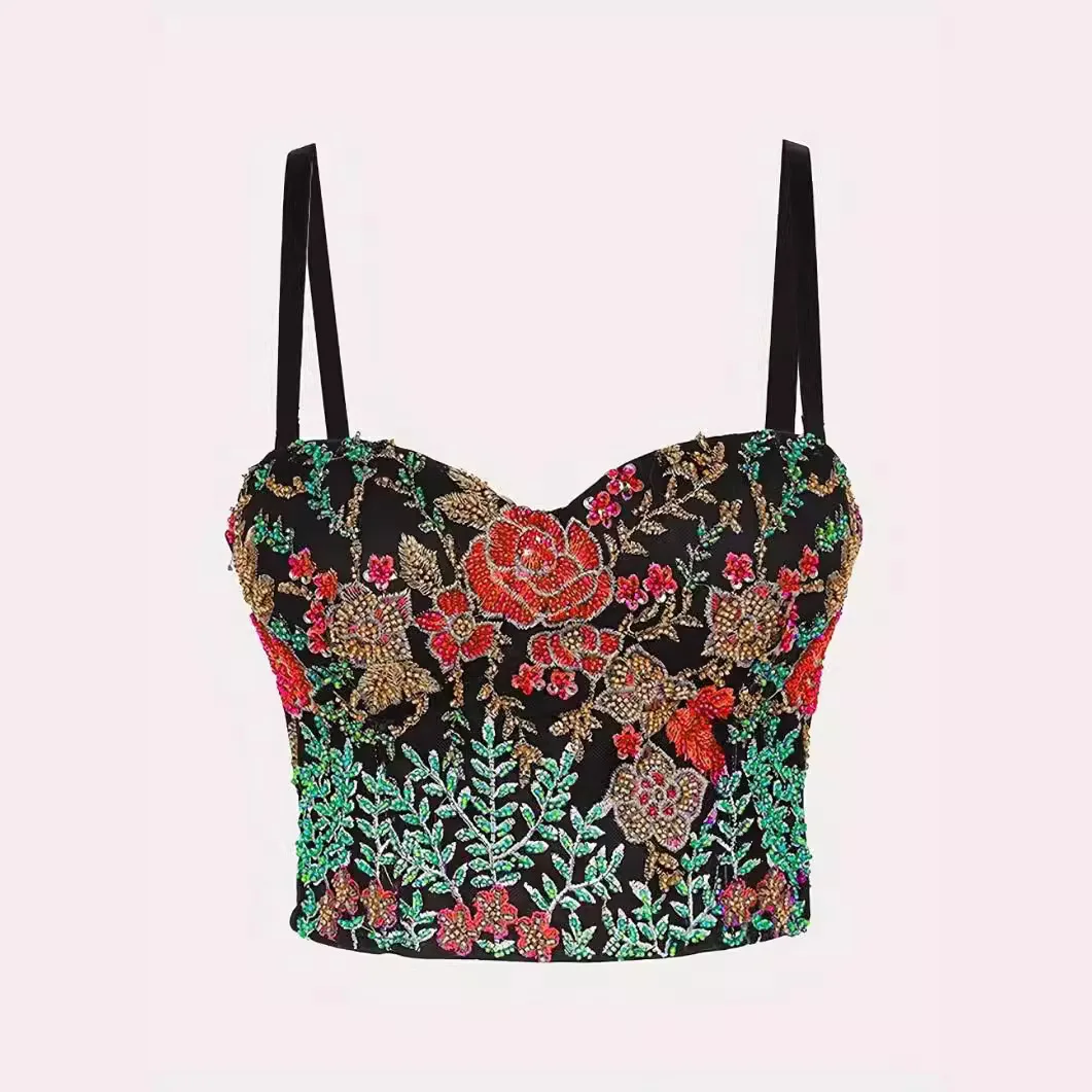 European and American fashion wear with steel ring bra and sexy hot girl short top fashionable body shaping embroidered suspende