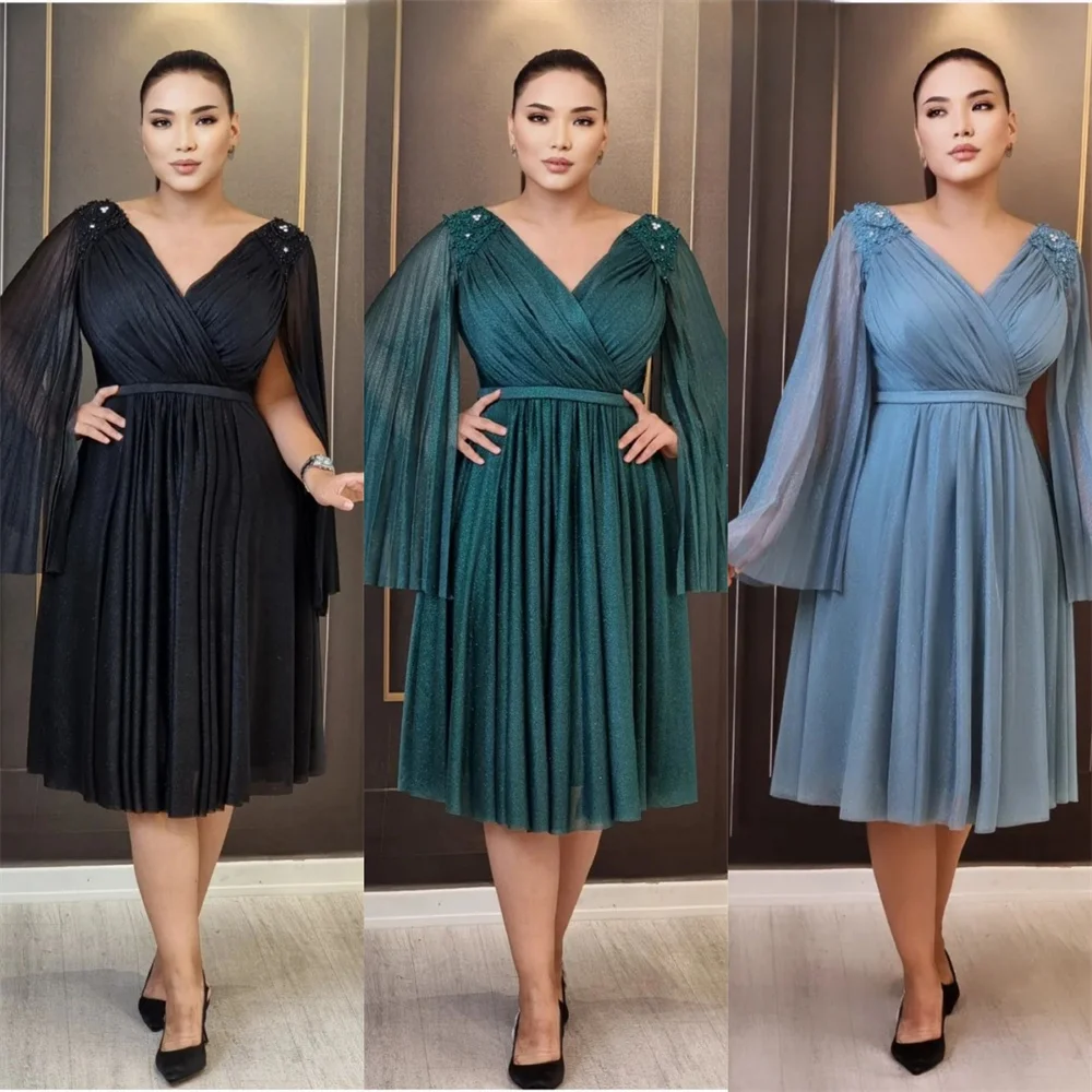 

Customized Saudi Arabia Evening Dress Dearin V-neck A-line Tea Length Skirts Fold Layered Draped Bead Bespoke Occasion Dresses P