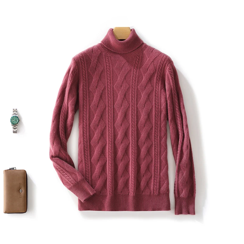 100% Merino Wool Solid Color Turtleneck Cable-Knit Sweater Long Sleeves Pullover Cashmere Men Soft Comfortable Warm Clothing Top