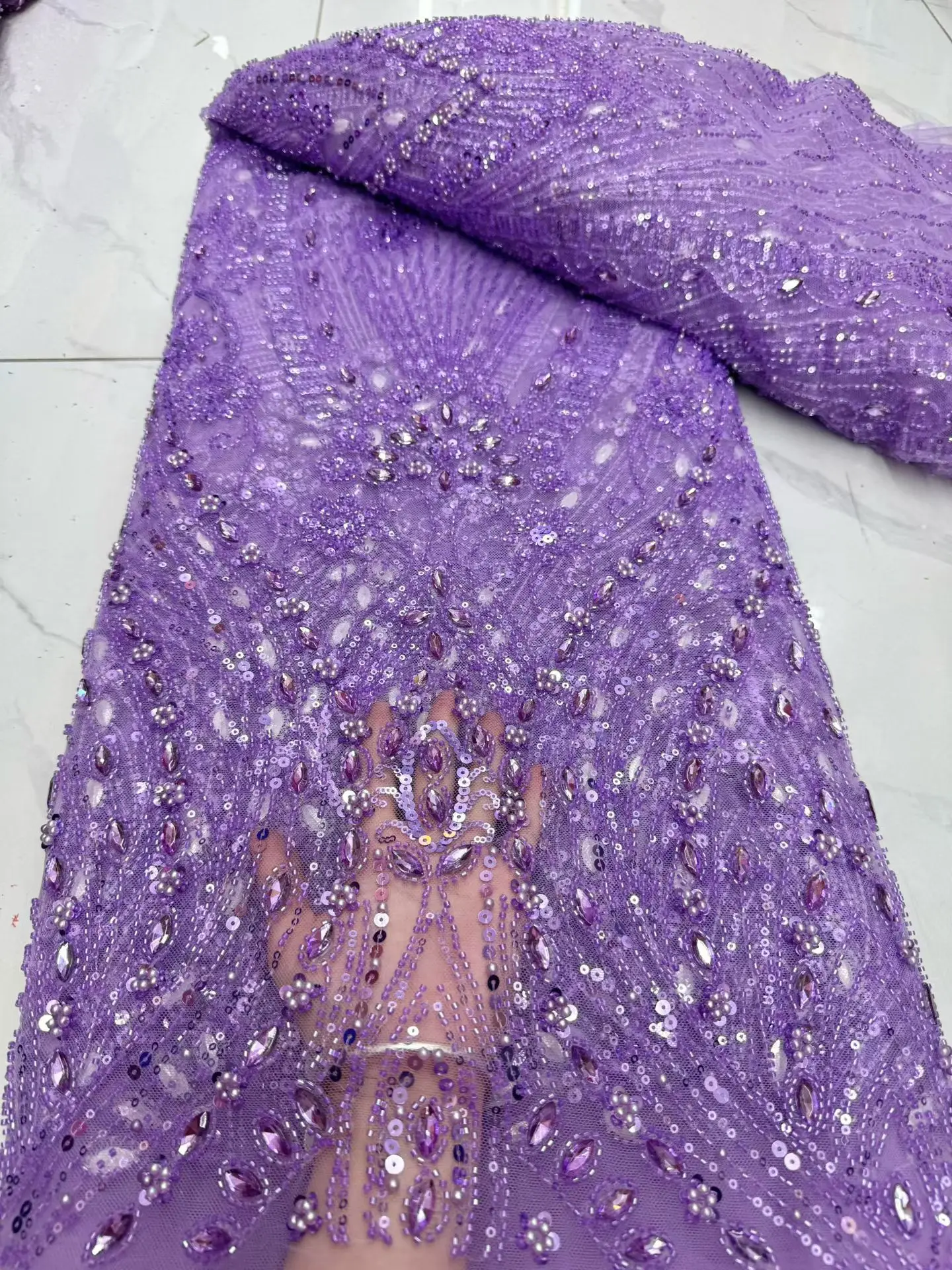 

African Nigerian Beaded Embroidery Lace High-Quality French Net Sequins Tulle Fabric for Luxury Weddings Parties Women's Sewing