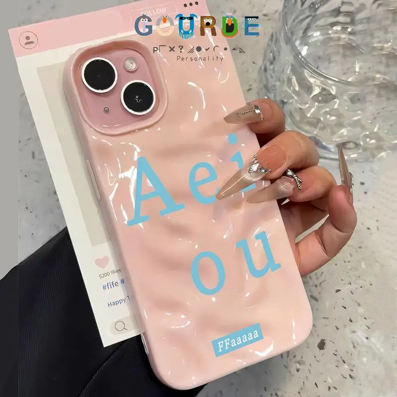 

Gourde Simple Blue Letter Pattern Soft Silicone Wavy Folds Phone Case for Iphone 16 15 14 12 13 11 Pro Max Ip 14Plus