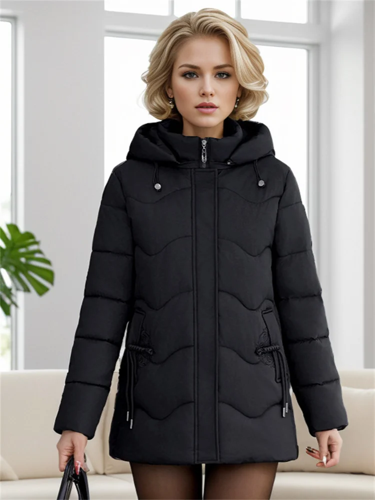 Winter Women\'s Coats Mid-Length Padded Jacket Solid Color Hooded Stylish And Elegant Padded Warm Jacket