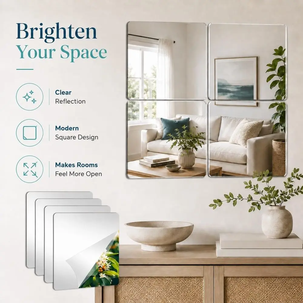 Peel and Stick Mirror Wall Tiles | 8 x 8 2MM Thick Acrylic Mirror Sheets Wall Stickers for Bedroom Bathroom Gym Door DIY Decor