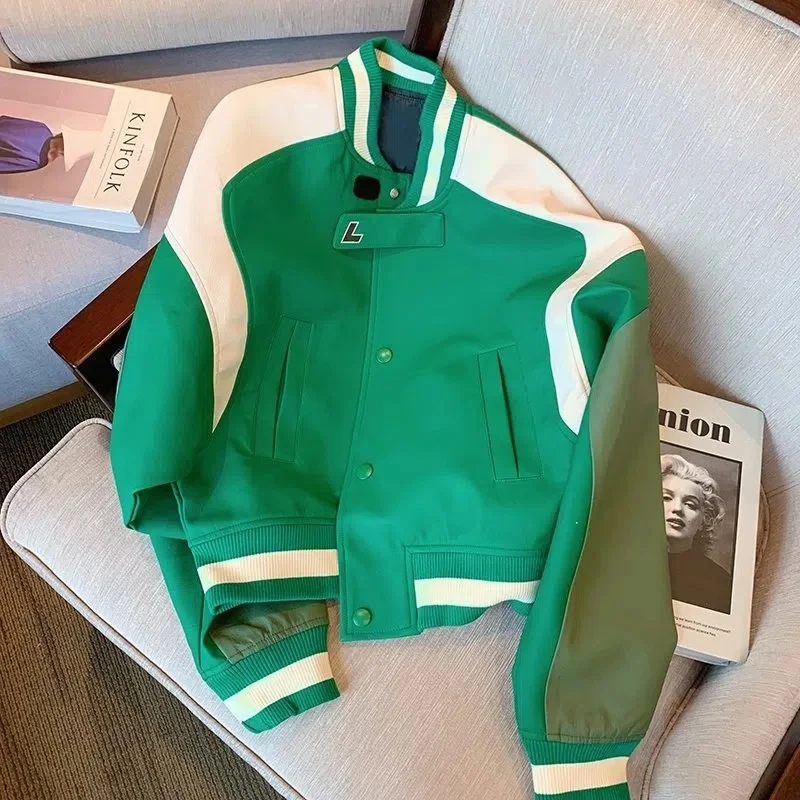 Baseball Green Leather Jacket Women Spring Autumn Chic Fashionable Motorcycle Style Short PU Coat Trend