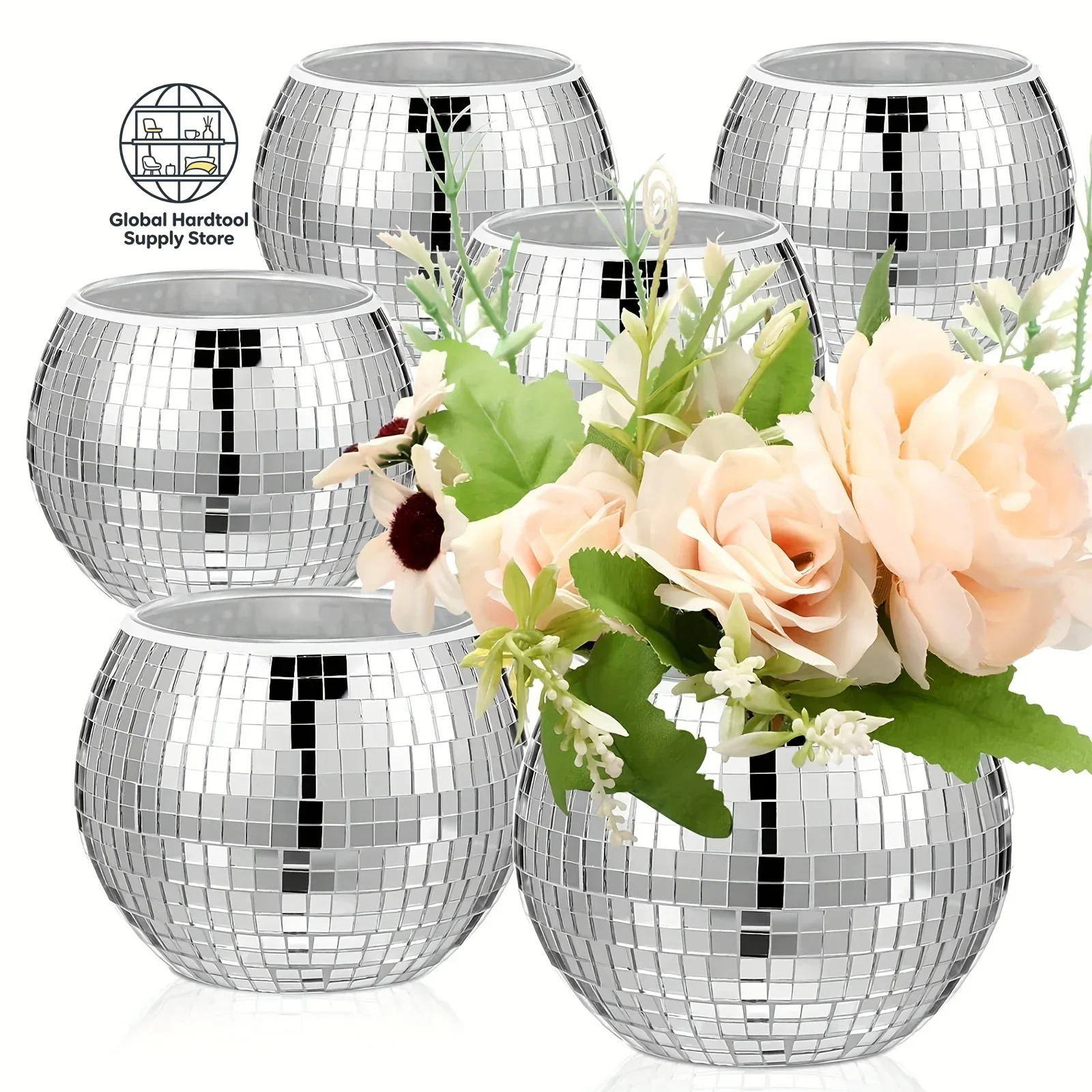 Silver Glass Vase Disco Ball Flower Vase Mirror Candle Holder New Year Decoration Wedding Centerpieces Birthday Party Ornament