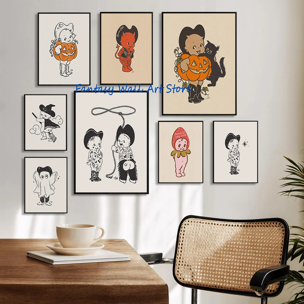 Cute Kewpie Western Cowboy Cowgirl Devil Art Sweet To The Core Strawberry Kewpie Poster Canvas Painting Wall Pictures Home Decor