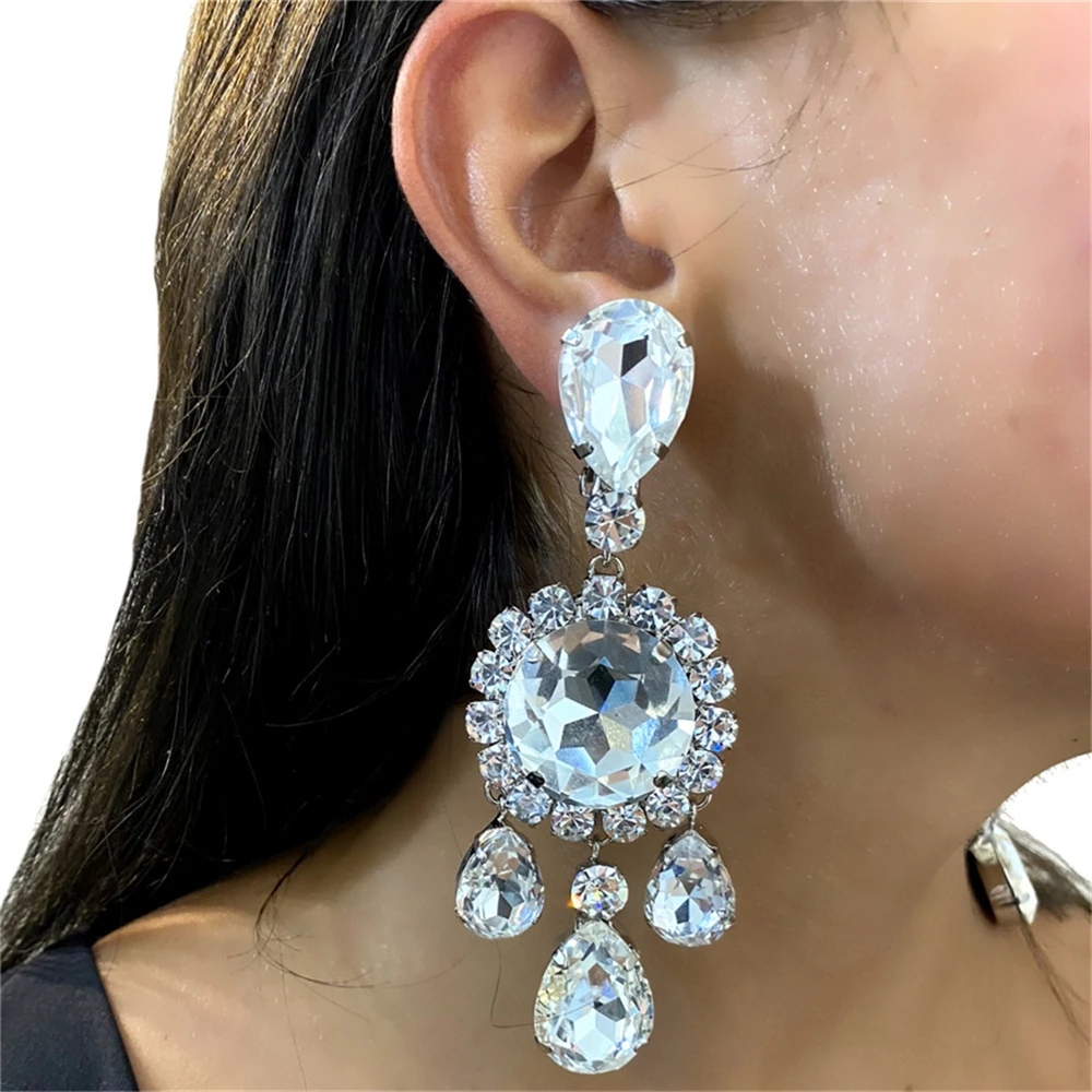 Fashionable Exquisite Round Rhinestone Earrings Jewelry Deluxe Bride Wedding Party Earrings Water Drop Pendant Earrings