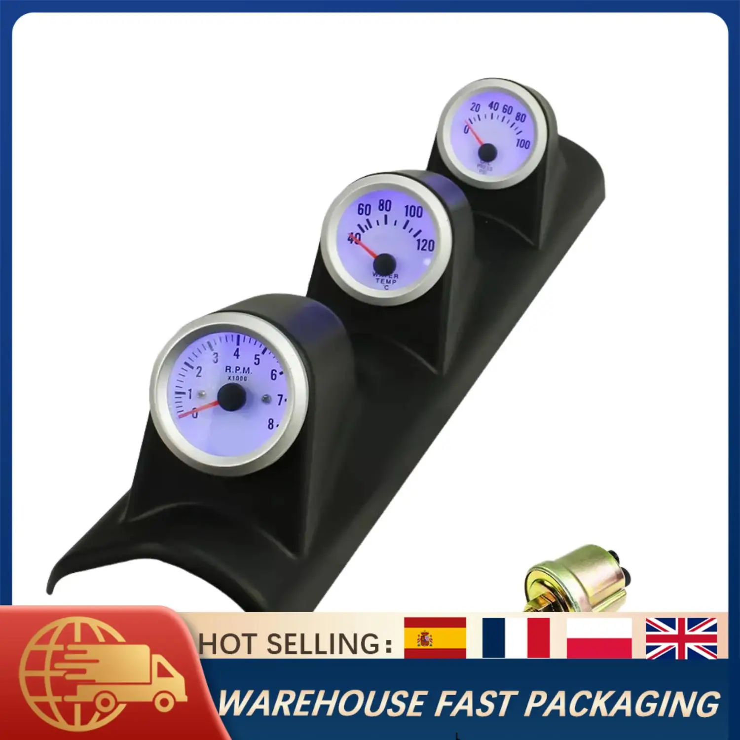 

2'' 52mm Blue LED Triple Gauge Kit Tachometer Water Temp Oil Pressure Meter For 12V Car 4/6/8 Cylinder Universal Display