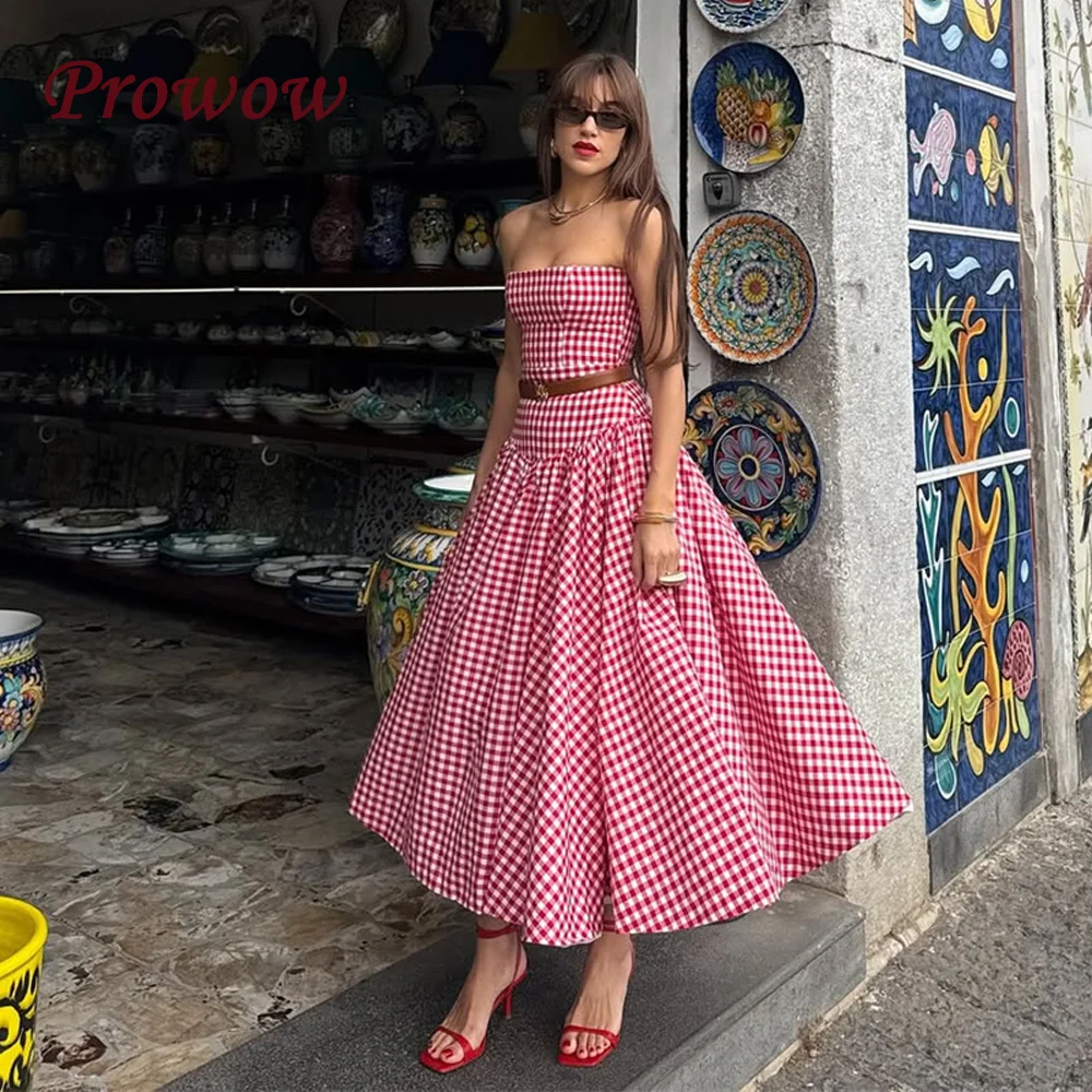 

Prowow Elegant Contrast Color Strapless Prom Dresses Mid-calf Length A Line Wedding Party Gowns 2025 Women Customized Zip Back