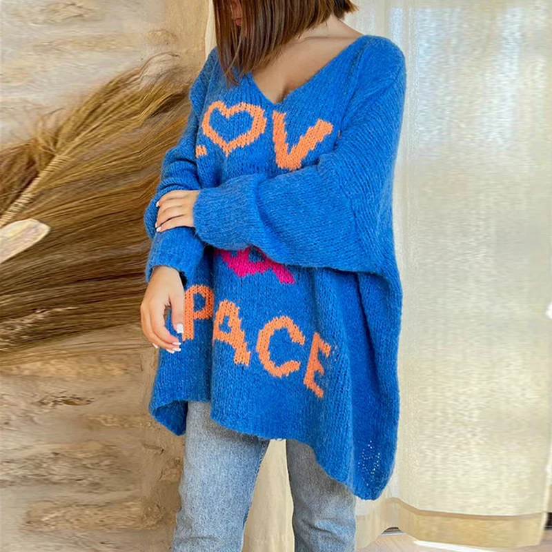 Crocheted Letter PEACE & LOVE Knitted Sweater Women\'s Autumn V-neck Loose Top Pullover Winter Long Sleeve Female Jumper Harajuku