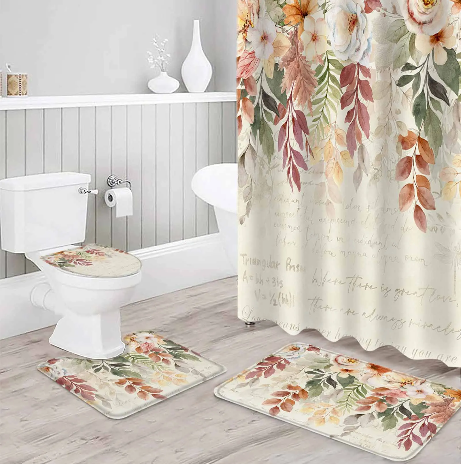 Plants, Leaves, Flowers Polyester printed shower curtain bathroom setluxurious curtainsabstract4-piece setcoral fleece floor mat