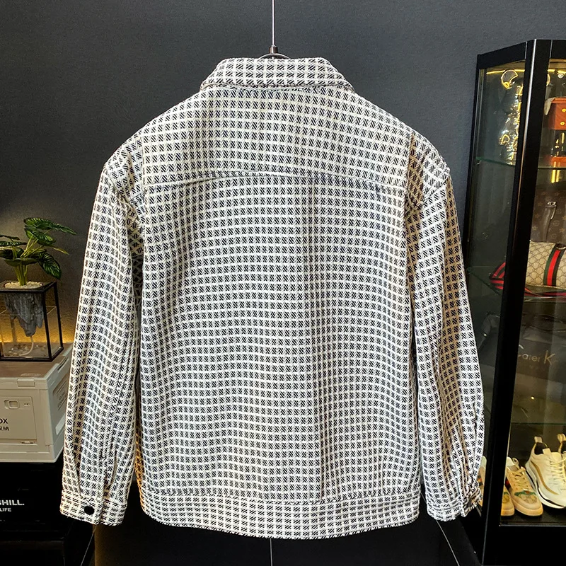 2024 autumn light luxury fashion collar coat men's trendy knitted square grid design loose and versatile casual high end shirt