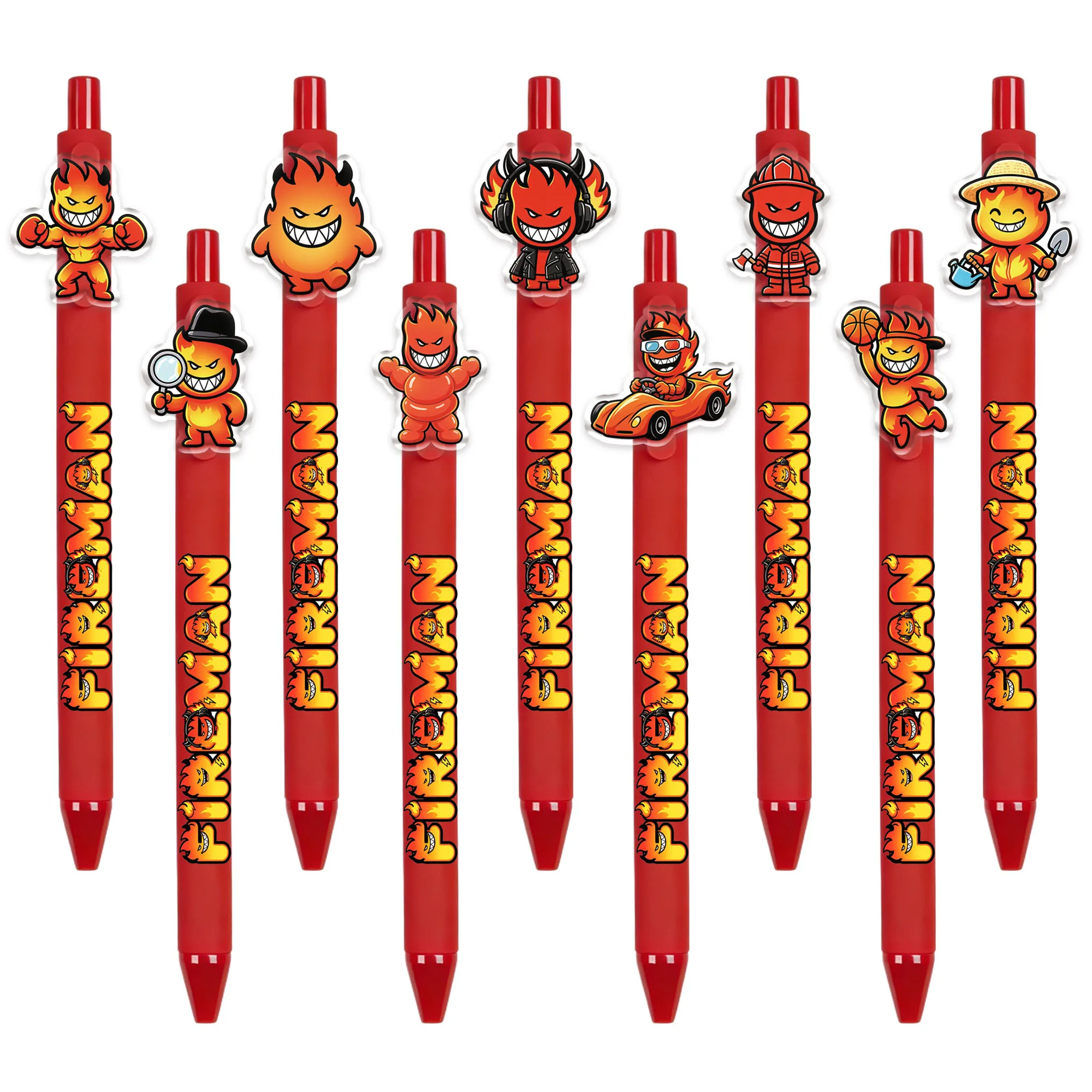 9/13 PCS Red Flame Man Pattern Ballpoint Pens. Patterns are random.