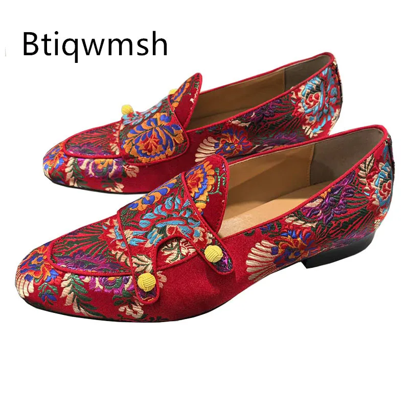 

Gold Embroidered Shoes Man Pointed Toe Red Luxury Sation Double Knot Decor Slip On Flats Male Fashion Loafers