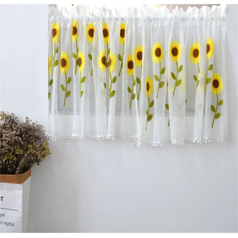 Short Curtain with Flower Embroidery for Kitchen, Half Curtain, Pastoral Shade, Short Panel Drapes, Bookcase Dust Curtain