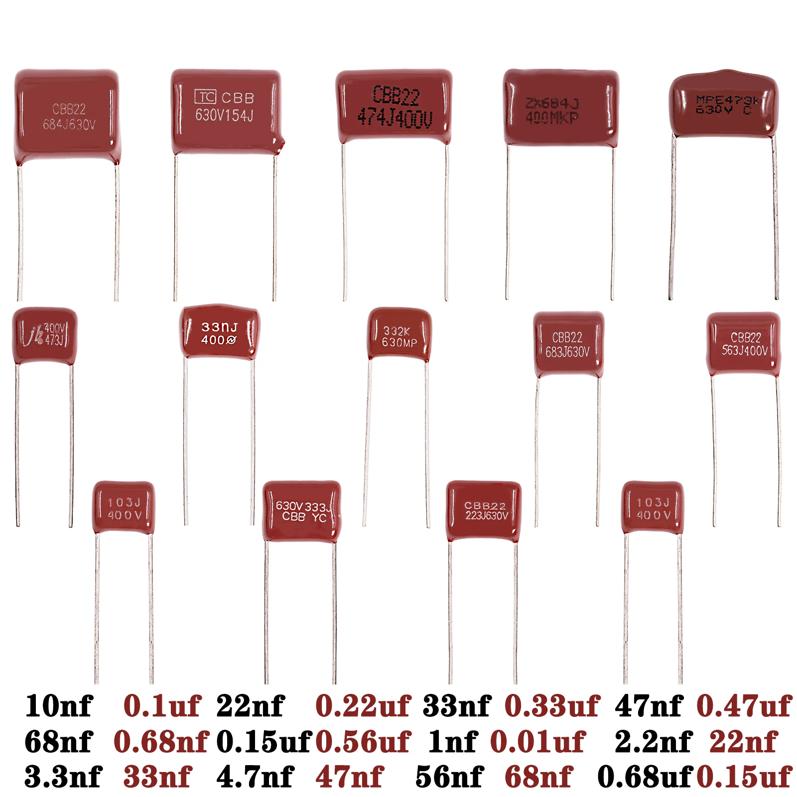 10pcs CBB Capacitors Metallized Polypropylene Film Capacitor 0.01uf 0.22uf 0.33uf 0.47uf 0.68uf 1nf 10nf 22nf 23nf 47nf 68nf