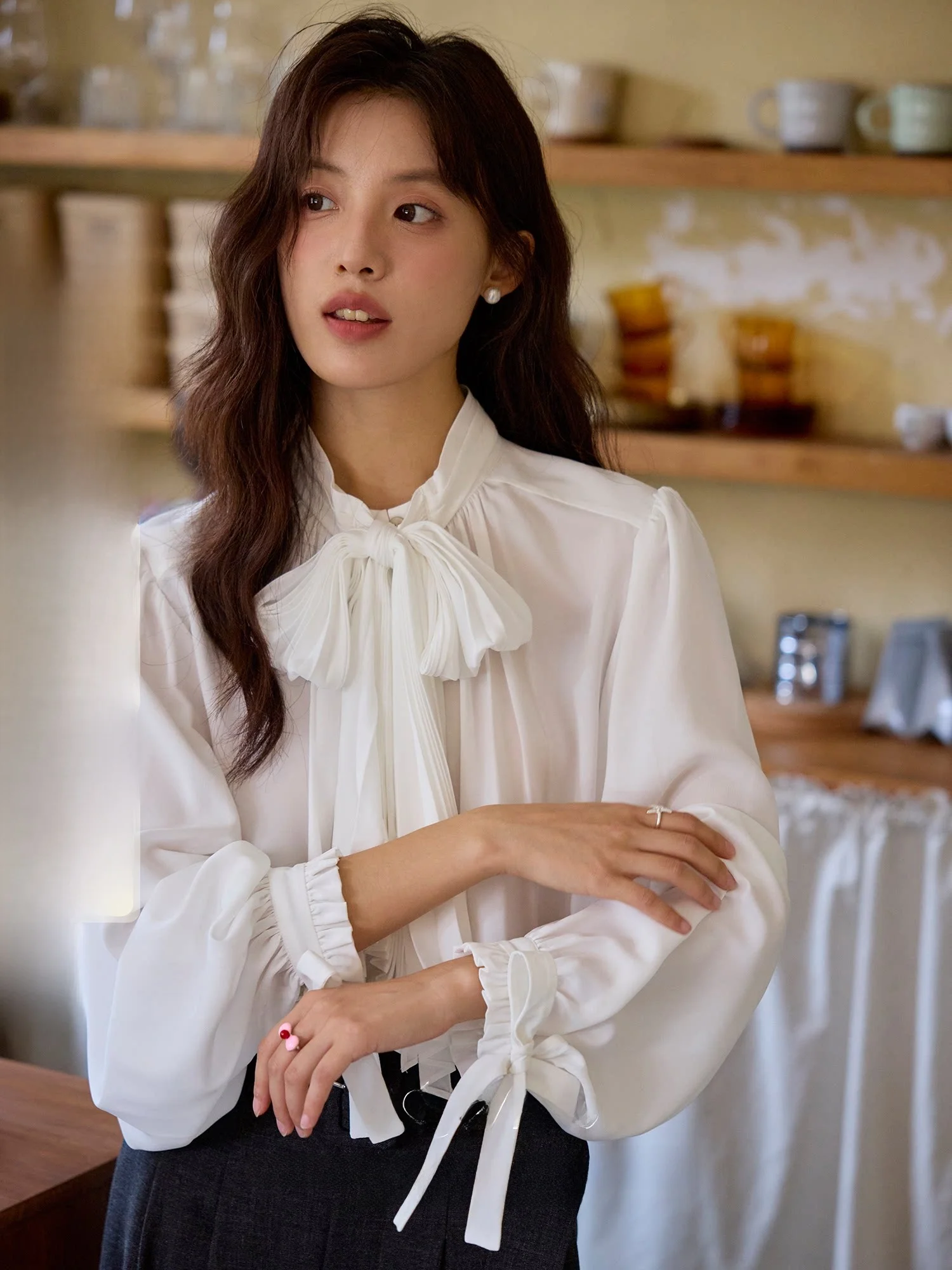 

ORWhite Винтажная женская блузка с длинным рукавом, весенняя, с завязками, белая, с цветочным принтом, повседневная, прямого кроя, из полиэстера