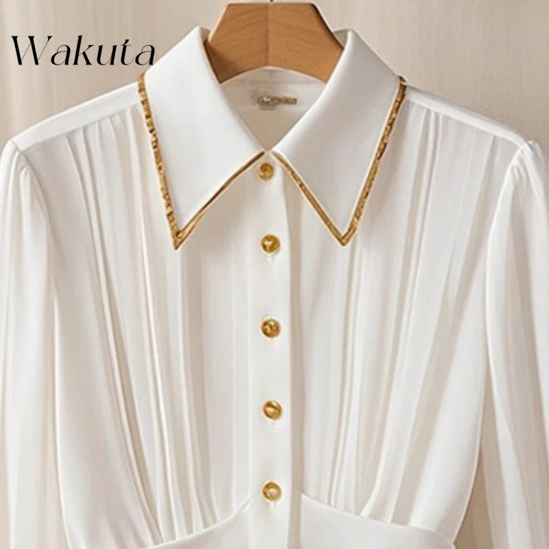 WAKUTA Elegant Lapel Long-sleeved White Shirt Lady Style Chic Pleated Single-breasted Slim Commuter Shirt Victorian Blouse White