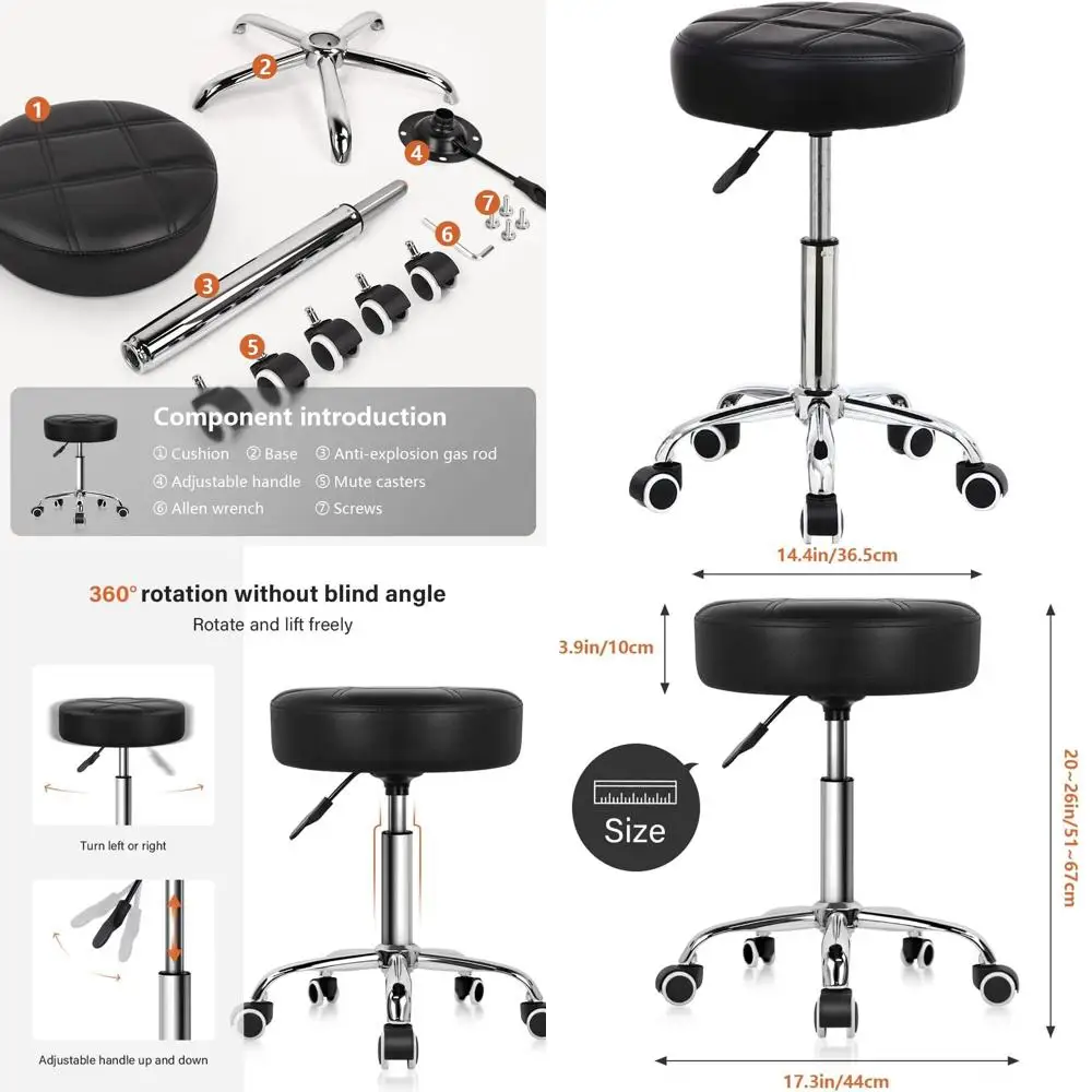 

Регулируемый по высоте поворотный стул на колесиках из искусственной кожи для работы, спа-салонов и медицинских учреждений - черный