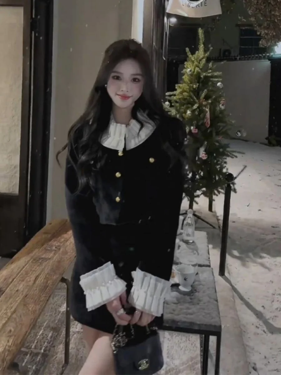 

Velvet Two-Piece Set Women's Deep Winter Open Cardigan Top f Skirt Small Size Matching Spring 2024 Faion Ensemble
