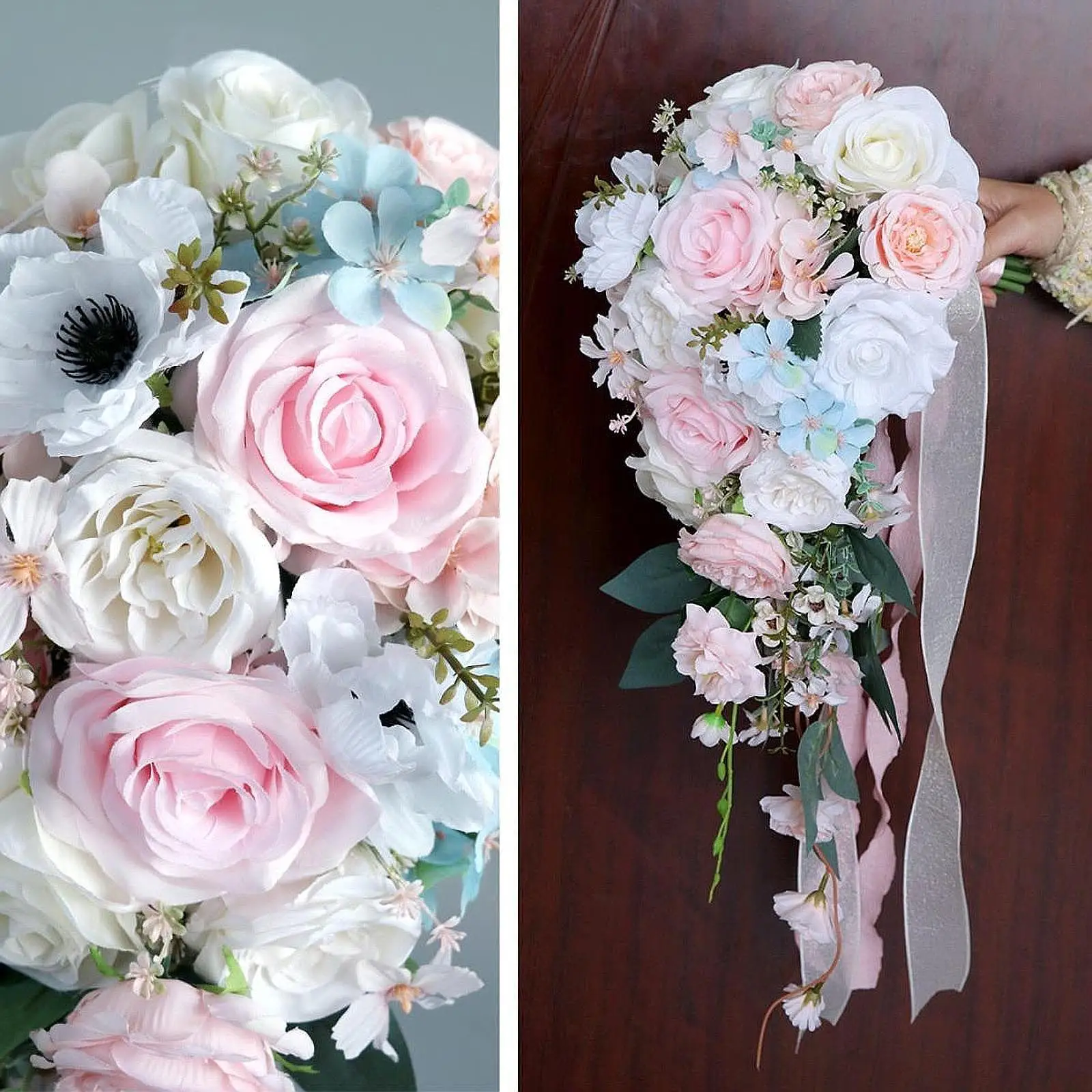 

Свадебный букет Искусственные розы Капли воды Водопад Рука держит цветы