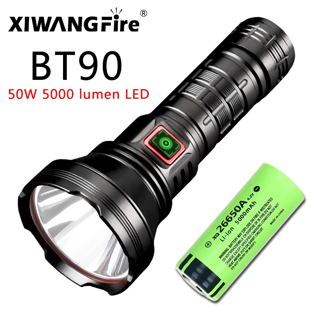 XIWANGFIRE BT90 5000lm LED Torch 50W Powerful Strong Light Long Range Flashlight USB C Rechargeable 18650/26650 Charging Torch