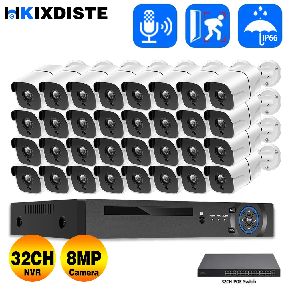 

32CH 4K NVR Security System Outdoor 8MP CCTV Camera System POE Audio Record IP Bullet Surveillance IP Camera System Kit XMEYE