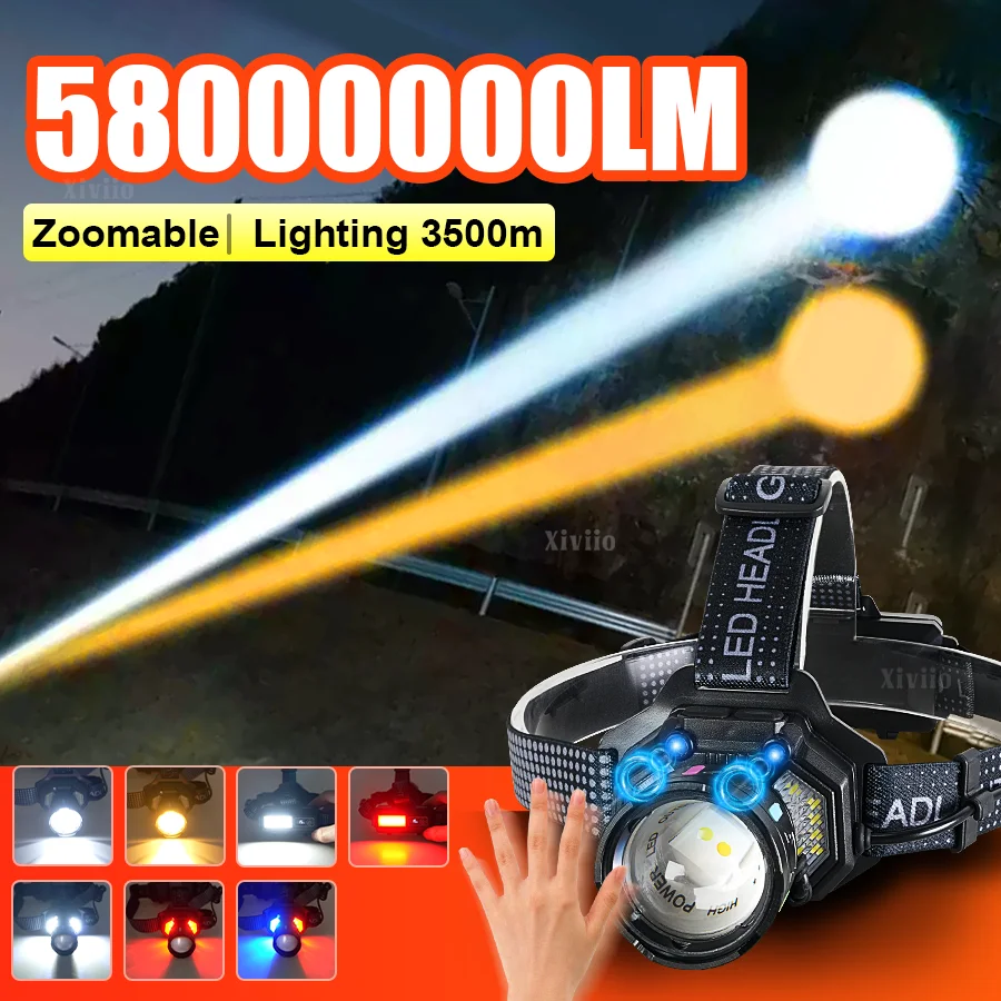 

Мощный светодиодный налобный фонарь 5800000LM, перезаряжаемый, с датчиком, для кемпинга, белый/желтый свет