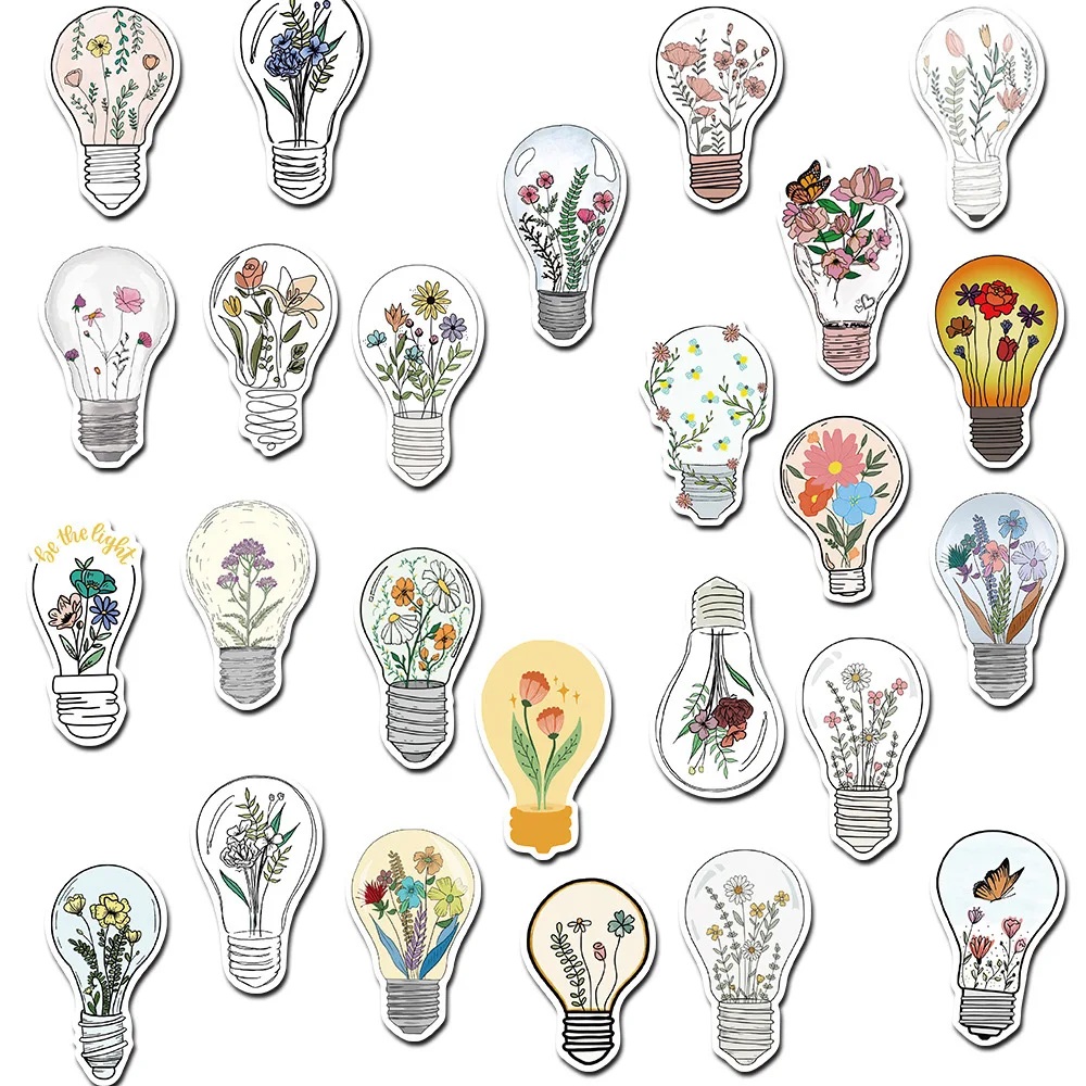 10/30/50pcs Dessin Animé Ampoule Art Fleurs Autocollants Esthétique Graffiti Scrapbook Ordinateur Portable Guitare Téléphone Mignon Décoration Autocollant Jouet